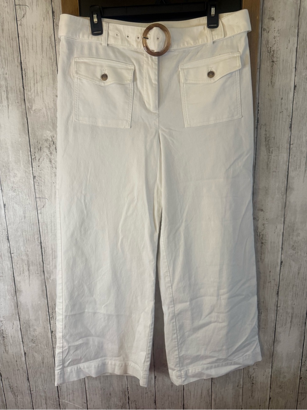 LOFT Pants White Cotton Spandex Stretch Flat Front brown Belt Buckle Chic 12P